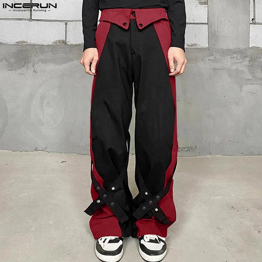 INCERUN 2024 Style coréen nouveaux hommes pantalons patchwork conception croisée pantalons longs décontractés streetwear pantalons de couleur contrastée S-5XL