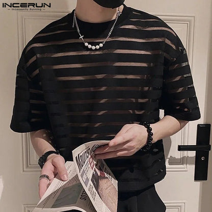 INCERUN Tops 2023 Korean Style Men Fashion O-neck Horizontal Stripe T-shirt Casual Sexy See-through Short Sleeved Camiseta S-5XL