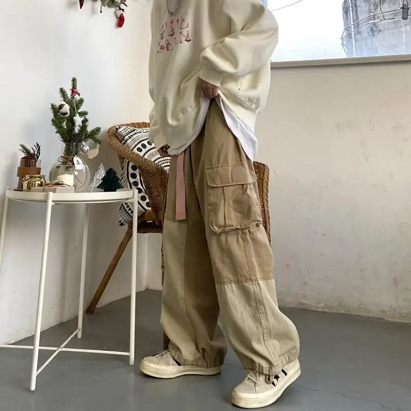 HOUZHOU Baggy Black Cargo Pants for Men Khaki Cargo Trousers Male Vintage Loose Casual Autumn Japanese Streetwear Hip Hop Retro