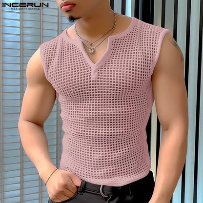 2024 männer Tank Tops Mesh Aushöhlen Solide V-ausschnitt Ärmelloses Streetwear Männlichen Westen Transparent Sommer Mode Männer Kleidung INCERUN