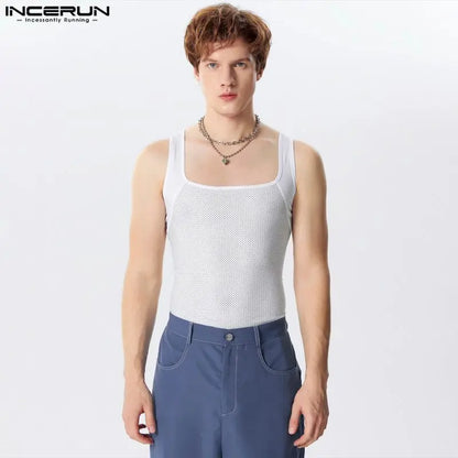 INCERUN Tops 2024 Handsome New Men's Hollowed Out Tight Knit Vests Leisure Streetwear Male Solid Color All-match Tank Tops S-5XL