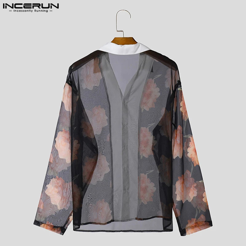 INCERUN Tops 2024 Beau Patchwork Pour Hommes Transparent Rose Chemises Printemps Été Personnalité Mâle Mince Chemisier À Manches Longues S-5XL