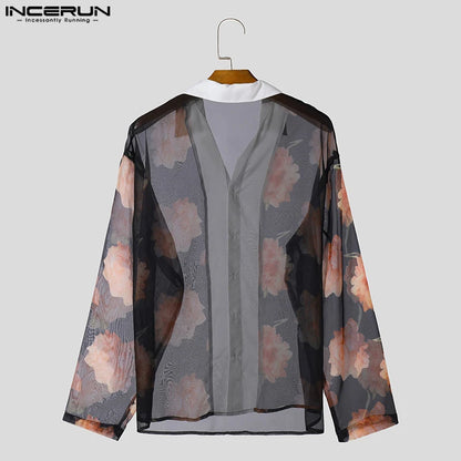 INCERUN Tops 2024 Handsome Men's Patchwork See-through Rose Shirts Spring Summer Personality Male Thin Long Sleeved Blouse S-5XL