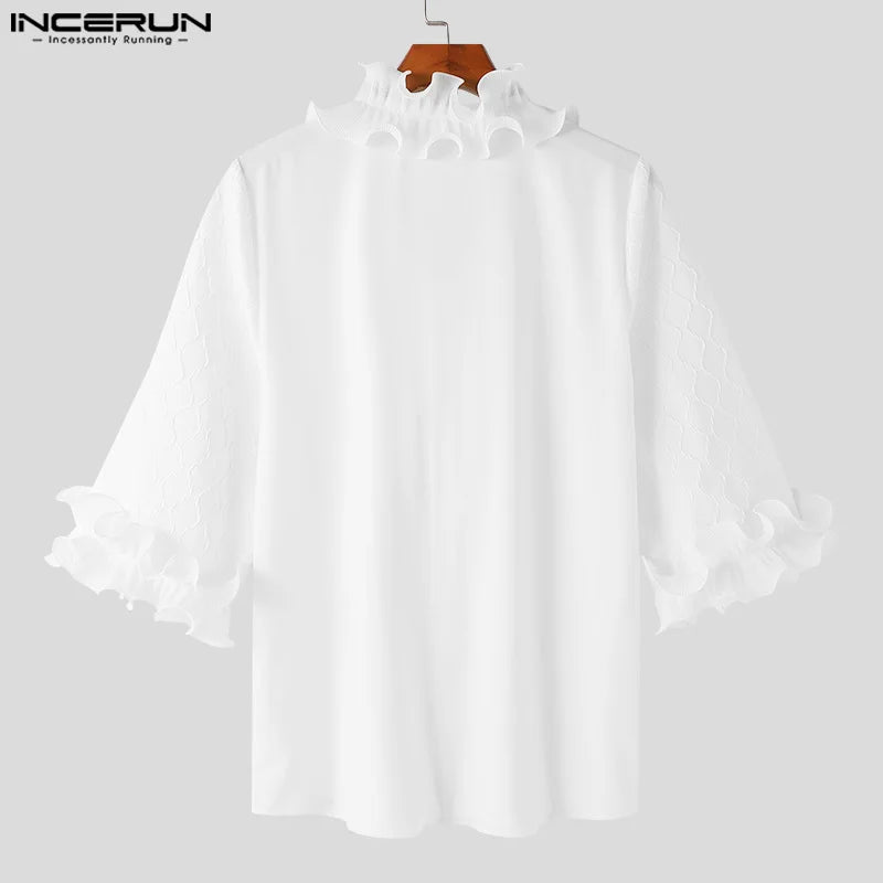 INCERUN Tops 2024 Handsome New Men's Ruffled Edge Patchwork Texture Shirts Male Leisure Streetwear Solid 3/4 Sleeve Blouse S-5XL