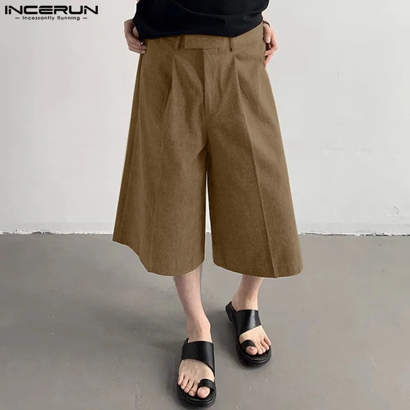 INCERUN 2024 Korean Style Trousers Mens Dual Color Plain Design Pant Casual Solid Simple All-match Loose Cropped Pantalons S-5XL