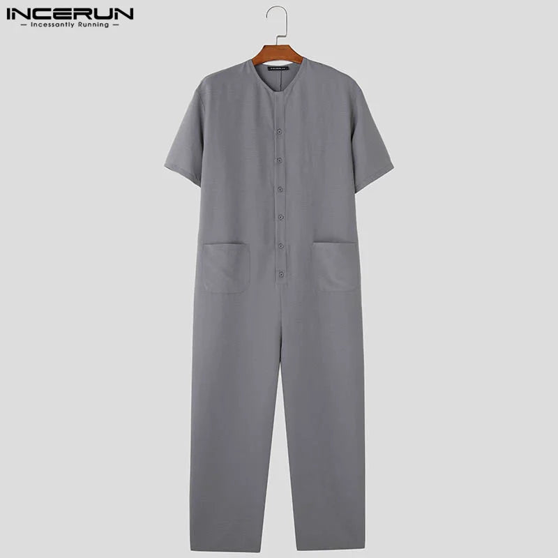 INCERUN 2024 American Style Bodysuit Stylish New Mens O-neck Short Sleeved Rompers Male Casual Solid Well Fitting Jumpsuit S-5XL