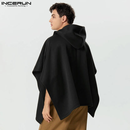 2023 Men Cloak Coats Solid Color Hooded Button Irregular Trench Ponchos Streetwear Loose Fashion Casual Male Cape S-5XL INCERUN