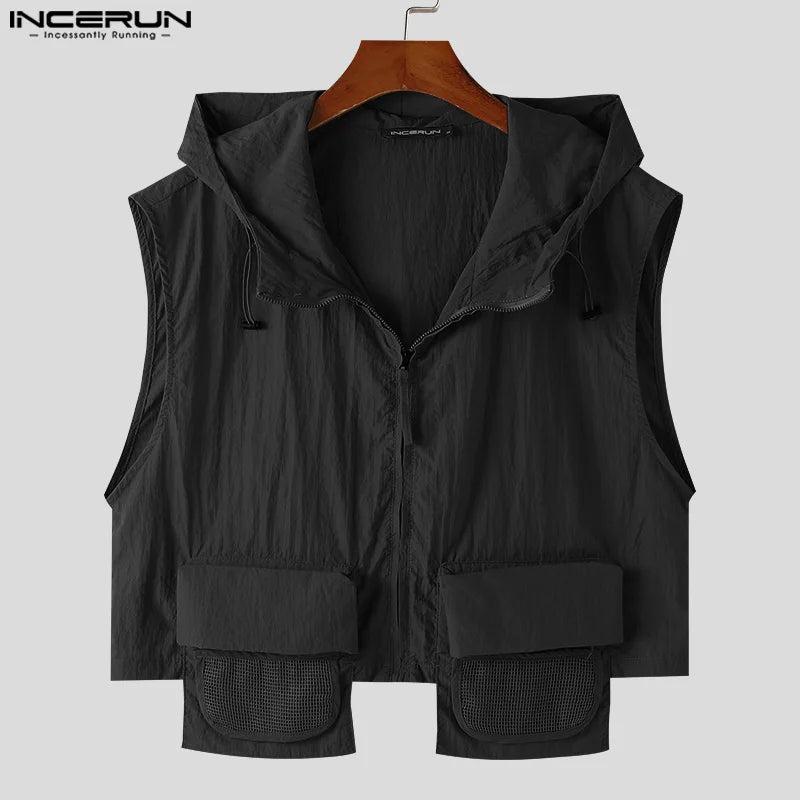 Stylish Casual Style Tops INCERUN Men Thin Cropped Zippered Hooded Design Vests Male Streetwear Solid Sleeveless Waistcoat S-5XL