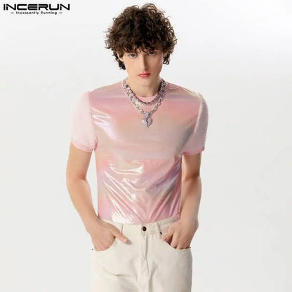 INCERUN Tops 2024 American Style Fashion Men's Flash Fabric T-shirts Casual Knitted Splicing Plush Short Sleeved Camiseta S-5XL