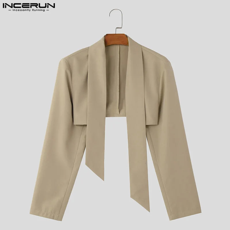 Handsome Well Fitting Tops INCERUN Men Ribbon Cropped Design Suit Coat Male Streetwear Solid All-match Long Sleeved Blazer S-5XL