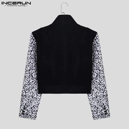 2023 Men Jackets Print Patchwork Stand Collar Long Sleeve Crop Coats Men Streetwear Zipper Autumn Fashion Casual Jackets INCERUN