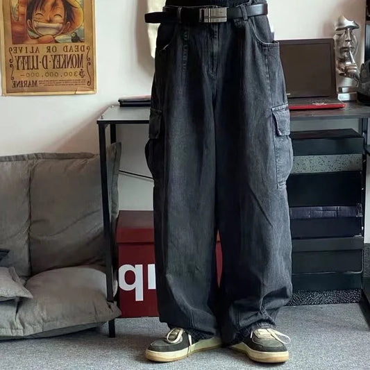 HOUZHOU Baggy-Jeans-Hose für Männer, Jeanshose, schwarze Hose mit weitem Bein, Jeans für Herren, Übergröße, Cargo, koreanische Streetwear, Hip Hop, Harajuku