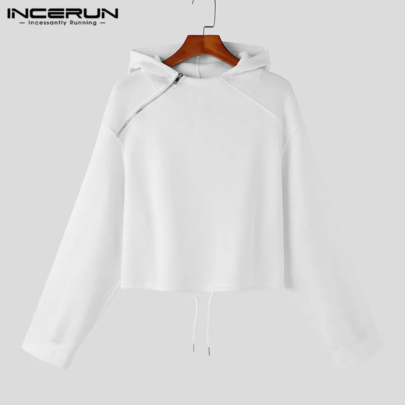 INCERUN Tops 2023 Korean Style New Men High-waisted Drawcord Hooded Casual Streetwear Solid All-match Zippered Sweatshirts S-5XL