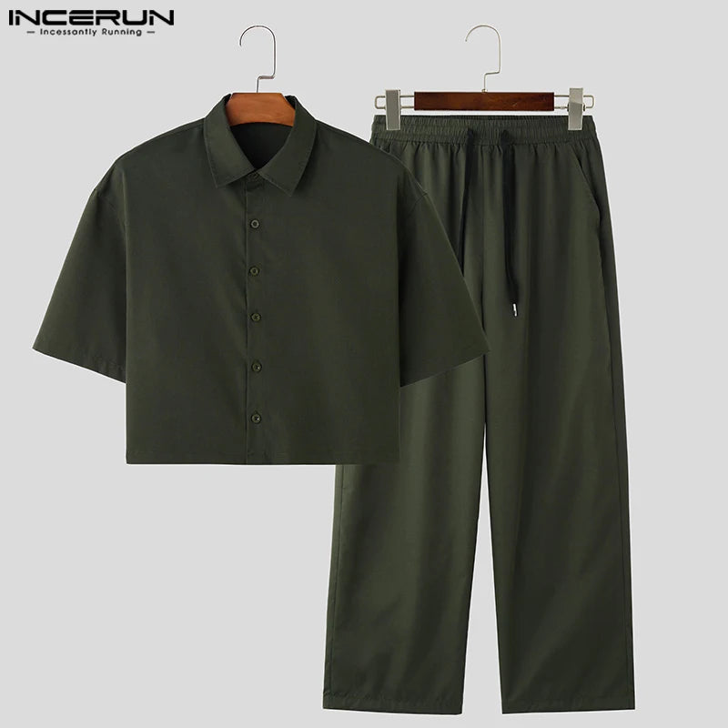 2024 Men Sets Solid Color Streetwear Lapel Short Sleeve Shirt & Pants Two Pieces Sets Fashion Men's Casual Suits S-5XL INCERUN