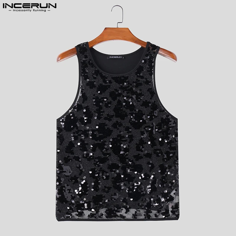 Stylish Sexy Style Tops INCERUN New Mens Mesh Hollow Sequin Glitter Fabric Vests Casual Clubwear Sleeveless Thin Tank Tops S-5XL