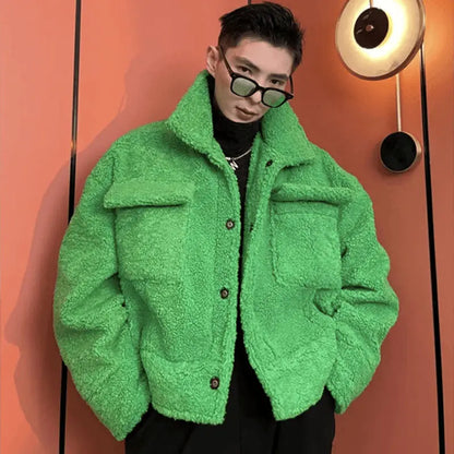 HOUZHOU Green Padded Winter Men's Jacket Fleece Lamb Wool Thickened Short Coat Male Y2K Top Plush Warm Korean Streetwear Hip Hop