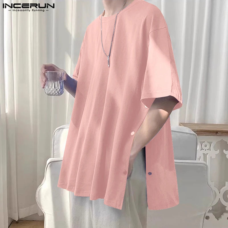 Fashion Casual Style Tops INCERUN Mens Split Breasted Loose Design T-shirts Summer Male Solid Medium Sleeved Camiseta S-5XL 2024