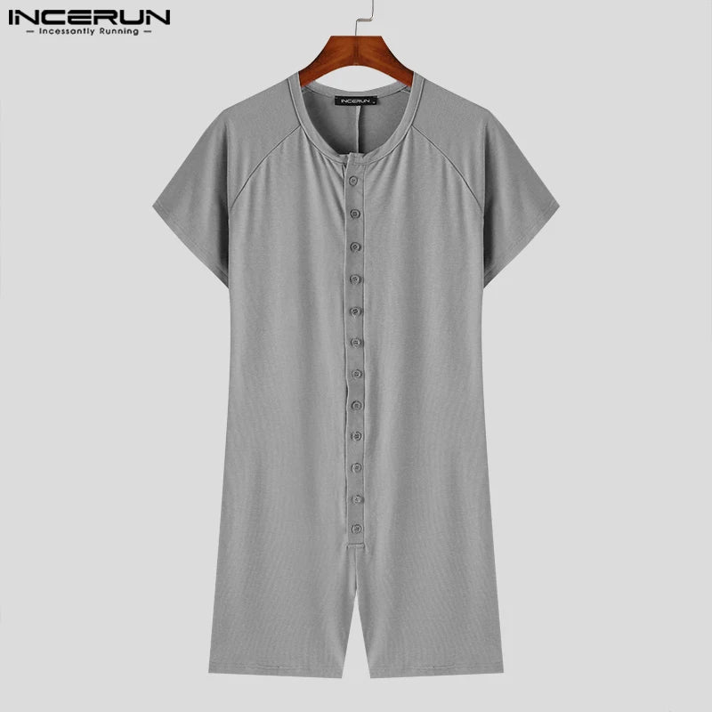 2024 Men Rompers Pajamas Solid Color O-neck Short Sleeve Button Casual Male Bodysuits Skinny Homewear Playsuits S-5XL INCERUN