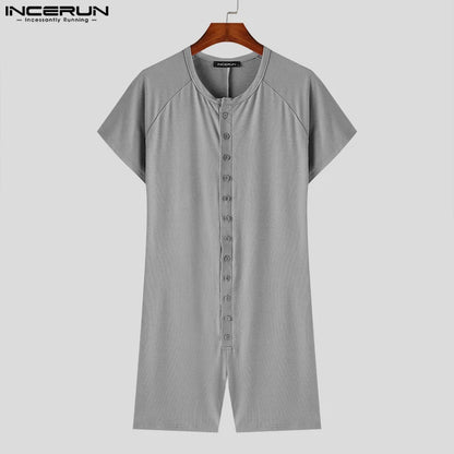 2024 Men Rompers Pajamas Solid Color O-neck Short Sleeve Button Casual Male Bodysuits Skinny Homewear Playsuits S-5XL INCERUN