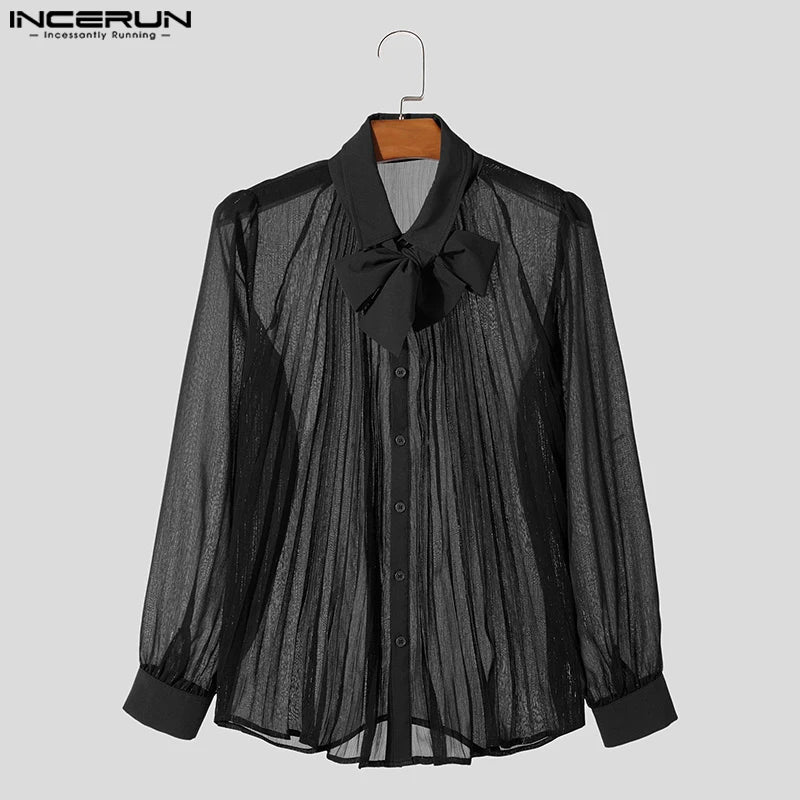 INCERUN 2024 Men Sexy Shirt Mesh See Through Lapel Long Sleeve Camisas Tie Pleated Solid Party Men Clothing Tops Streetwear