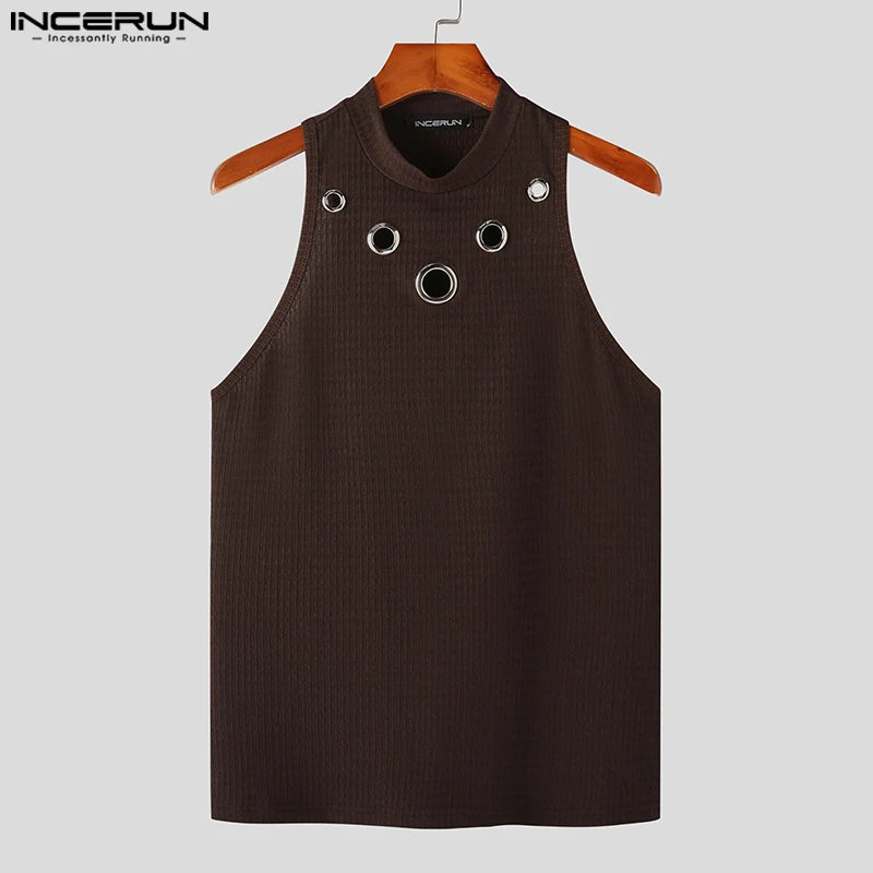 INCERUN Tops 2023 Amerikanischer Stil Neue Herren Halbhoher Kragen Mesh Ausgehöhlte Tank Tops Freizeit Sport Einfarbig Strickwesten S-5XL