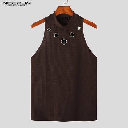 INCERUN Tops 2023 American Style New Men's Half High Collar Mesh Hollowed Tank Tops Leisure Sports Solid Color Knit Vests S-5XL