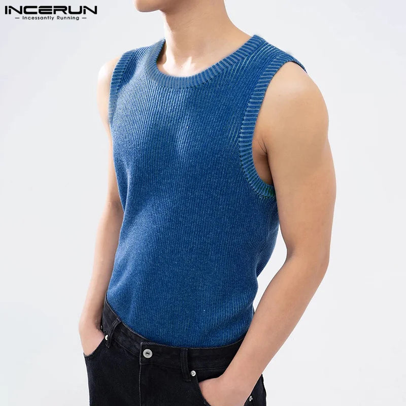 INCERUN Tops 2024 Korean Style Handsome New Men Solid Knitted Pit Vests Casual Streetwear Hot Selling Sleeveless Tank Tops S-5XL