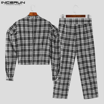 INCERUN 2024 American Style Mens Sets Heart Hollow Leg Of Mutton Sleeve Shirts Long Pants Casual Streetwear Two-piece Sets S-5XL