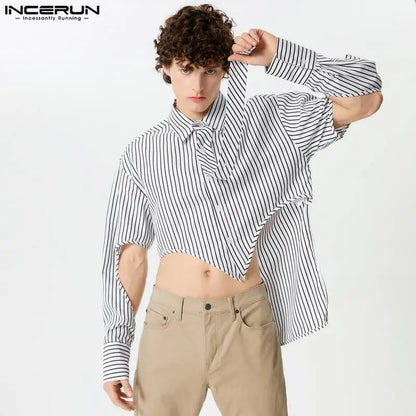 Sexy Casual Style Tops INCERUN Handsome Men Cropped Hollow Design Shirts Fashion Irregular Hem Striped Long Sleeved Blouse S-5XL