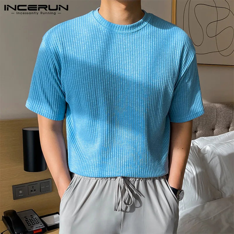 INCERUN Tops 2024 Style coréen Hommes Solide Simple Tricoté Tissu T-shirts Décontracté Bien Ajusté O-cou Manches Courtes Camiseta S-5XL