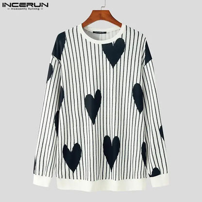 Stylish Funny Style Tops INCERUN Men's Love Stripe Printing Camiseta Casual Streetwear Male All-match Long Sleeve T-shirts S-5XL