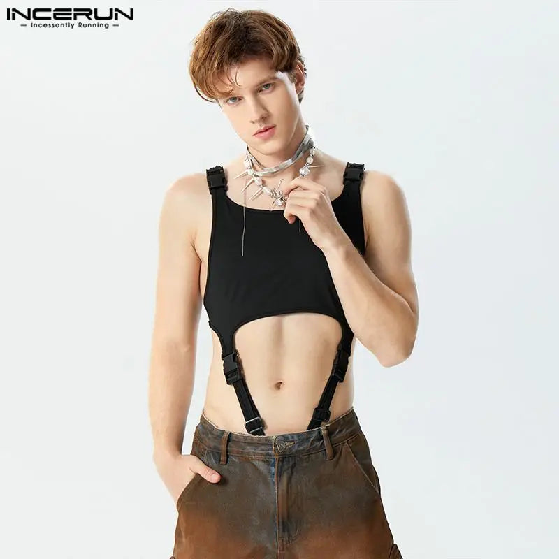 INCERUN 2024 Sexy Style Rompers Clothing Mens Solid Buckle Design Jumpsuits Fashion Hollowed Out Thin Sleeveless Bodysuits S-5XL