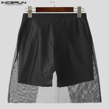 INCERUN 2024 American Style New Mens Shorts Fashionable Streetwear Fake Two-piece Design Shorts Mesh Splicing Solid Shorts S-5XL