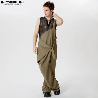 INCERUN 2024 American Style New Men's Jumpsuits Solid Straight Tube Loose All-match Rompers Casual Clubwear Male Overalls S-5XL