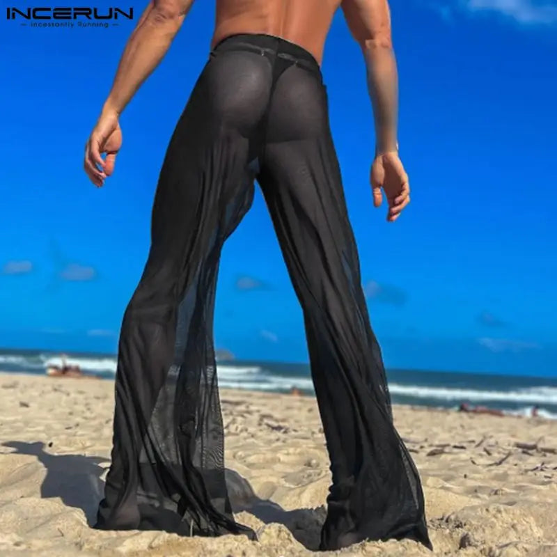 New Men Party Clubwear Trousers INCERUN 2024 American Style Fashionable Sexy Glittering Fabric Perspective Thin Long Pants S-5XL