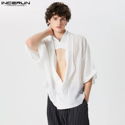 INCERUN Tops 2024 American Style Stylish Men's Suit Collar Design Shirts Leisure Solid Loose Fitting Medium Sleeved Blouse S-5XL