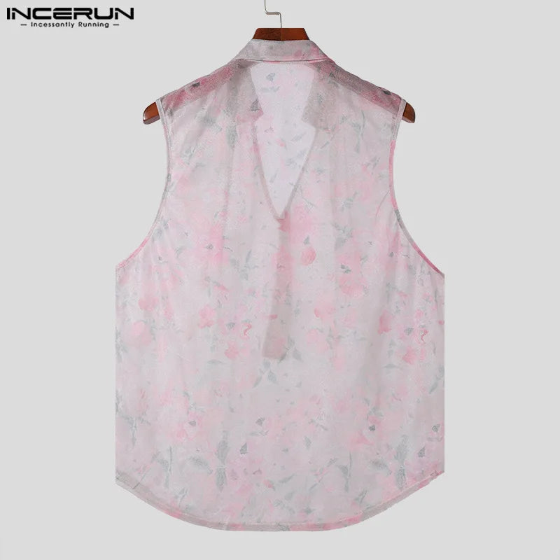 Sexy Fashion Style Tops INCERUN Men's Perspective Floral Printed Vests Summer Casual Personality Sleeveless Tank Tops S-5XL 2024