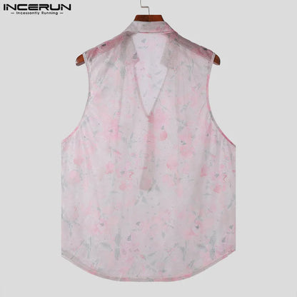 Sexy Fashion Style Tops INCERUN Men's Perspective Floral Printed Vests Summer Casual Personality Sleeveless Tank Tops S-5XL 2024