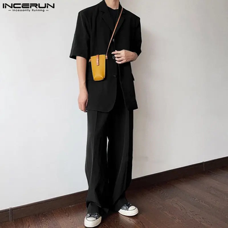 INCERUN 2024 Korean Style New Men Sets Short Sleeved Suit Jacket Long Pants Fashion Simple Male Suit Collar Two-piece Sets S-5XL