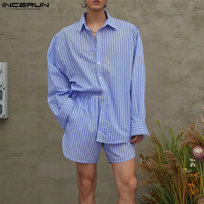 Fashion Casual Style Striped Sets INCERUN Handsome Men Long Sleeved Shirt Shorts Streetwear Male Loose Two-piece Sets S-5XL 2024