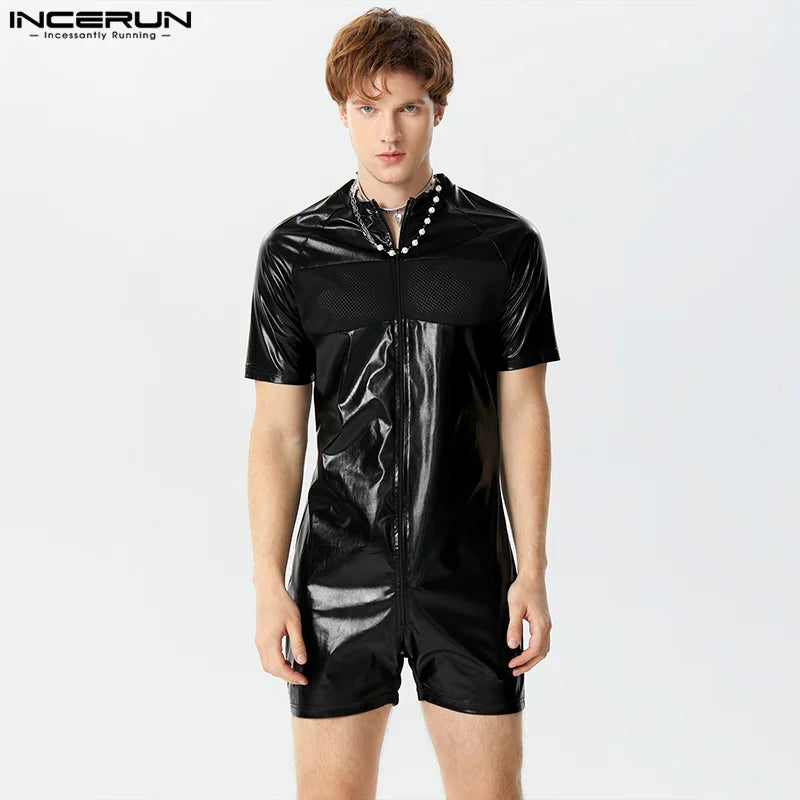 INCERUN 2024 Sexy Men's Fashion Jumpsuits Mesh Patchwork Casual Faux Leather Fabric Rompers Solid Short Sleeved Bodysuits S-3XL