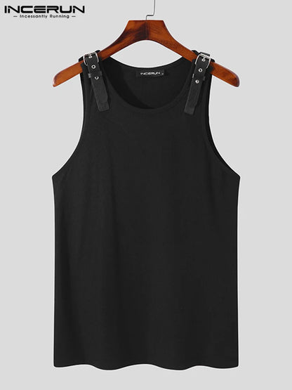 INCERUN Men Tank Tops Solid Color PU Leather Button Sleeveless Streetwear O-neck Vests 2023 Summer Fashion Men Clothing S-5XL 7