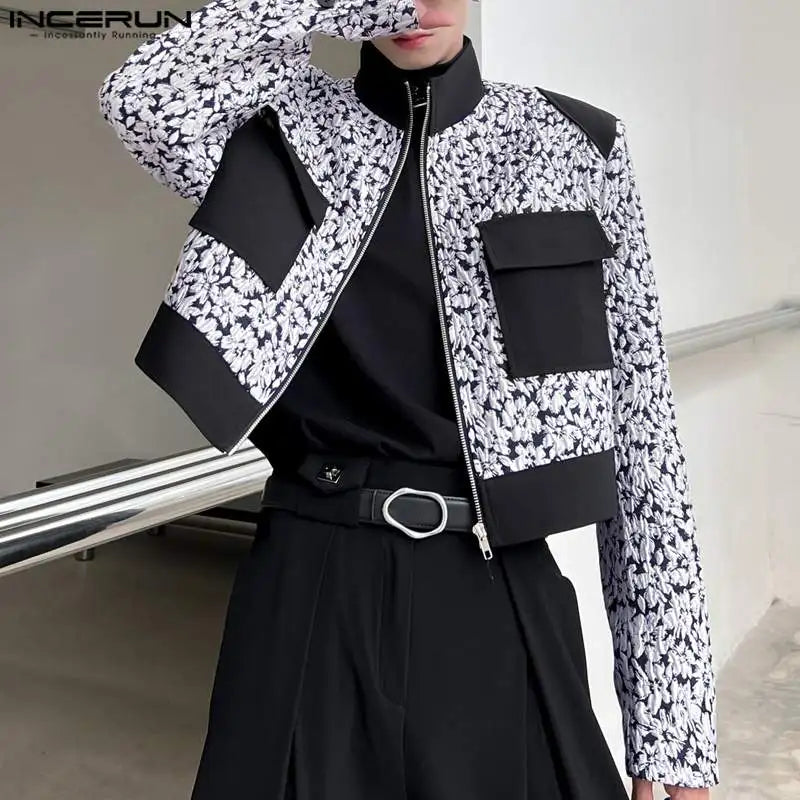 2023 Hommes Vestes Imprimer Patchwork Col Montant Manches Longues Crop Manteaux Hommes Streetwear Fermeture Éclair Automne Mode Vestes Décontractées INCERUN