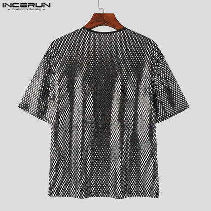 2024 männer T Shirt Pailletten Shiny Oansatz Kurzarm Lose Männer Kleidung Streetwear Party Mode Casual Camisetas S-5XL INCERUN