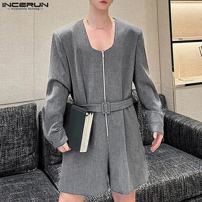 INCERUN 2024 Korean Style Men's Rompers Fashion Low Neck Zipper One Piece Bodysuit Casual Male Solid Long Sleeved Jumpsuit S-5XL