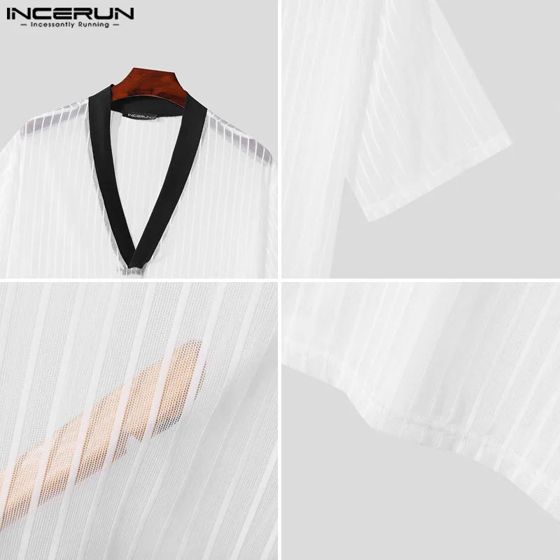 INCERUN Tops 2024 Korean Style Sexy Men's Striped V-neck See Through T-shirts Casual Streetwear Thin Half Sleeved Camiseta S-5XL