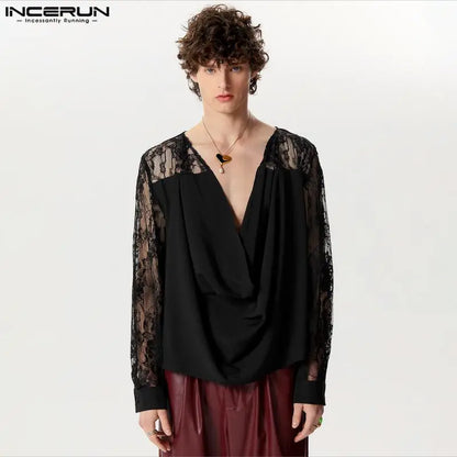 INCERUN Tops 2024 American Style New Men's Pile Up Collar Design Shirts Splicing Lace Male Solid Color Long Sleeved Blouse S-5XL