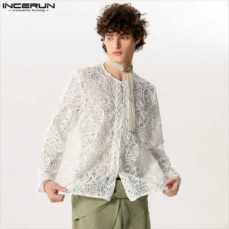 INCERUN Tops 2024 American Style Fashion Men Perspective Jacquard Button Shirts Casual Simple Long Sleeved Cardigan Blouse S-5XL