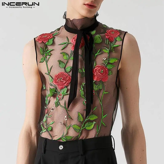 INCERUN Tops 2024 American Style Sexy Men's Ribbon Design Vests Fashion Casual Thin Embroidered Rose Sleeveless Tank Tops S-5XL