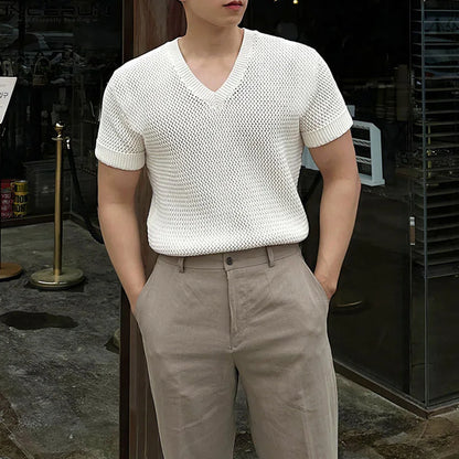 INCERUN Tops 2024 Korean Style Handsome Men's V-neck Hollow Mesh Knitted T-shirts Summer Streetwear Short Sleeved Camiseta S-5XL